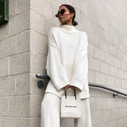 Sweater High Collar Loose Long Sleeve Autumn Winter Sweater Coat Women Clothing Top