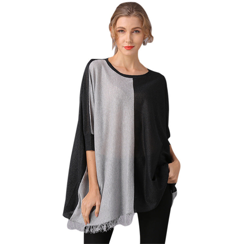 round Neck Sleeve Sun-Proof Upper Garment Thin Loose Plus Size Contrast Color Knitwear Women