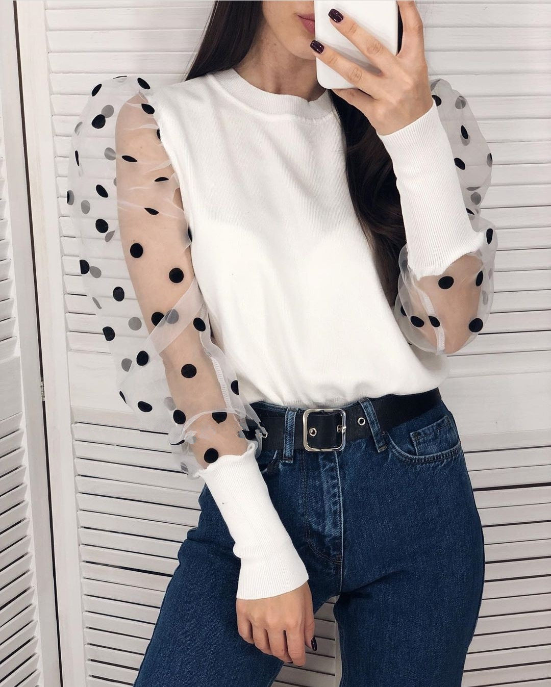 Women Clothing Autumn Winter Selling Polka Dot Puff Sleeve Vertical Striped Top