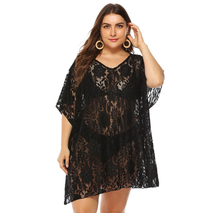 plus Size Women Clothing Sexy Lace Hollow Out Cutout See-through V-neck Split Beach Dress Cover up Female