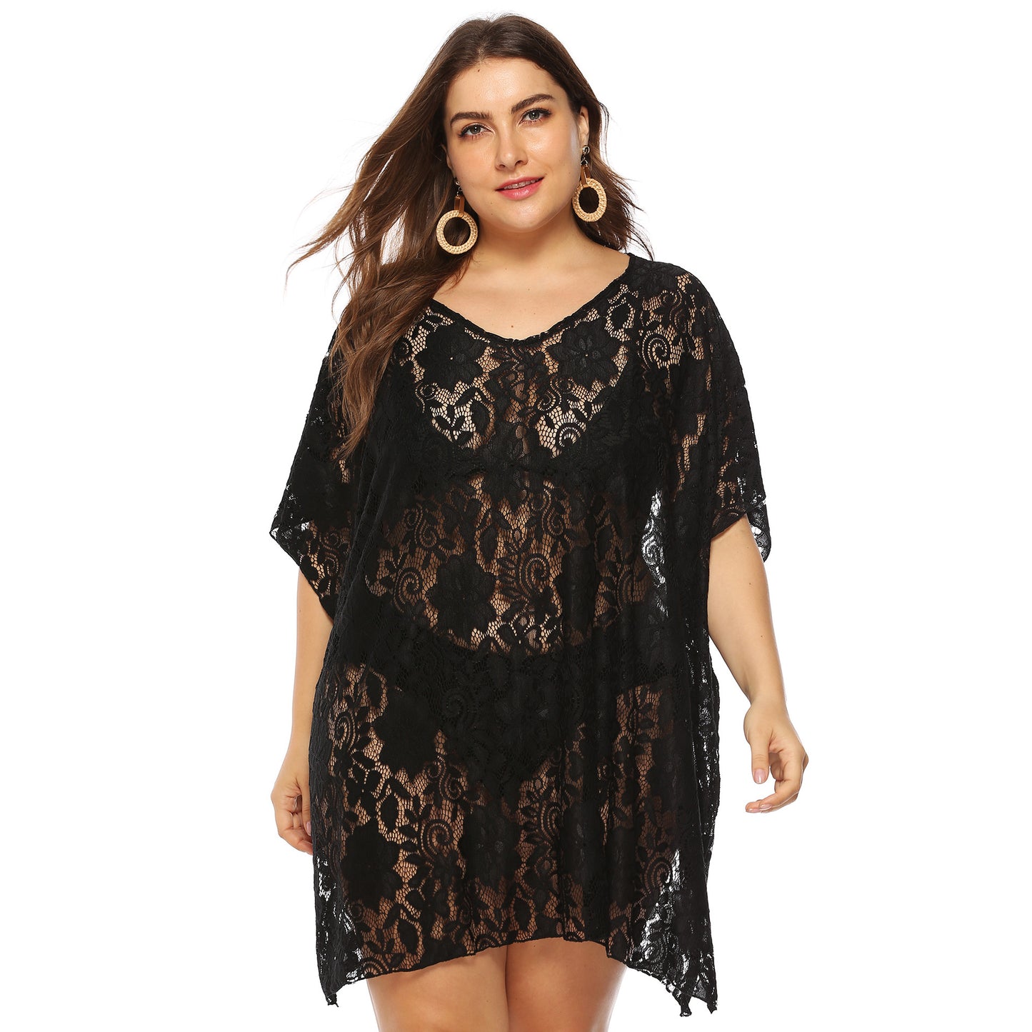 plus Size Women Clothing Sexy Lace Hollow Out Cutout See-through V-neck Split Beach Dress Cover up Female