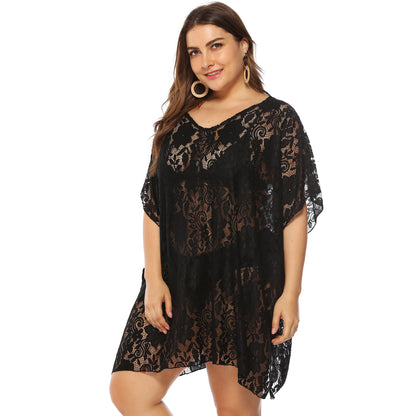 plus Size Women Clothing Sexy Lace Hollow Out Cutout See-through V-neck Split Beach Dress Cover up Female