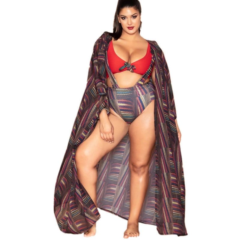 plus-Sized Split Swimsuit Printed High Waist Strap Swimsuit Beach Bikini Jacket Overclothes