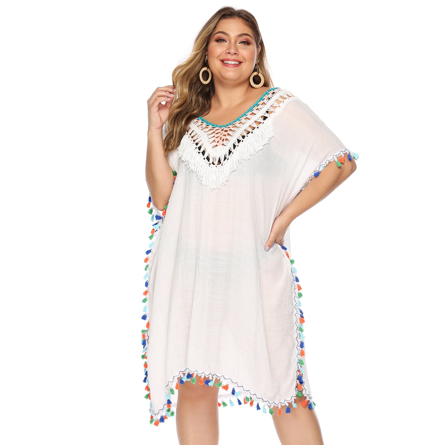 plus Size Women Clothing Irregular Hand Crocheting Stitching Multicolored Tassel Deep V Sexy Loose plus Size Beach Cover-up Backless Dress