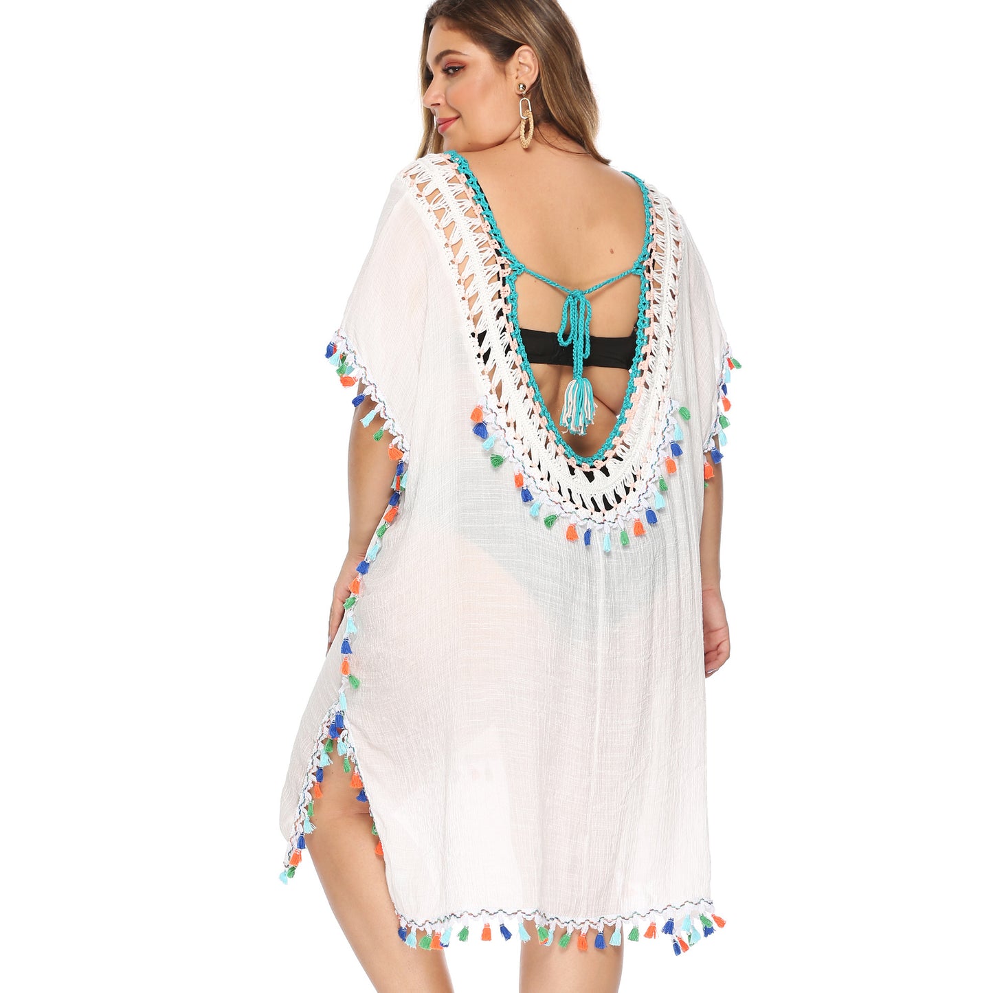 plus Size Women Clothing Irregular Hand Crocheting Stitching Multicolored Tassel Deep V Sexy Loose plus Size Beach Cover-up Backless Dress