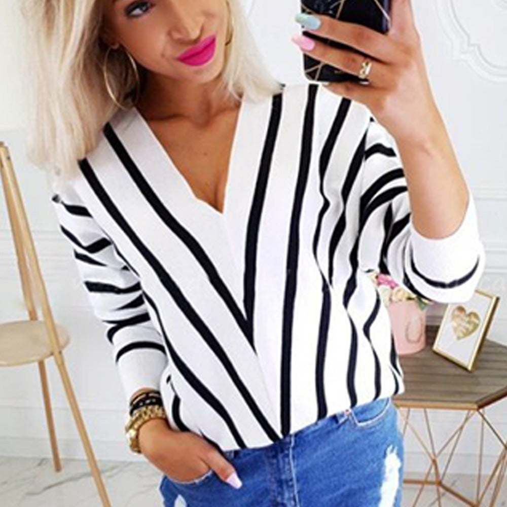 Women Autumn Winter Sweater Loose Bottoming Shirt Striped V-neck Pullover Sweater Women Sweater