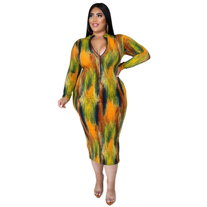 Style Sexy Women Wear Turtleneck Long Sleeve Slim Tie-Dye Printed Midi Dress for Women