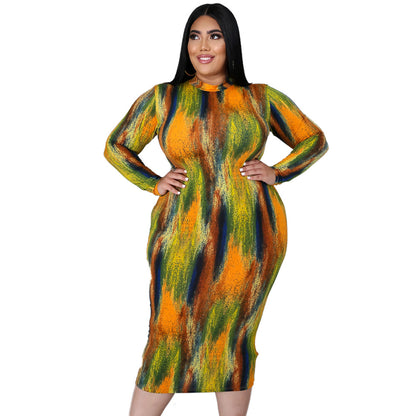 Style Sexy Women Wear Turtleneck Long Sleeve Slim Tie-Dye Printed Midi Dress for Women