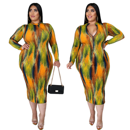 Style Sexy Women Wear Turtleneck Long Sleeve Slim Tie-Dye Printed Midi Dress for Women
