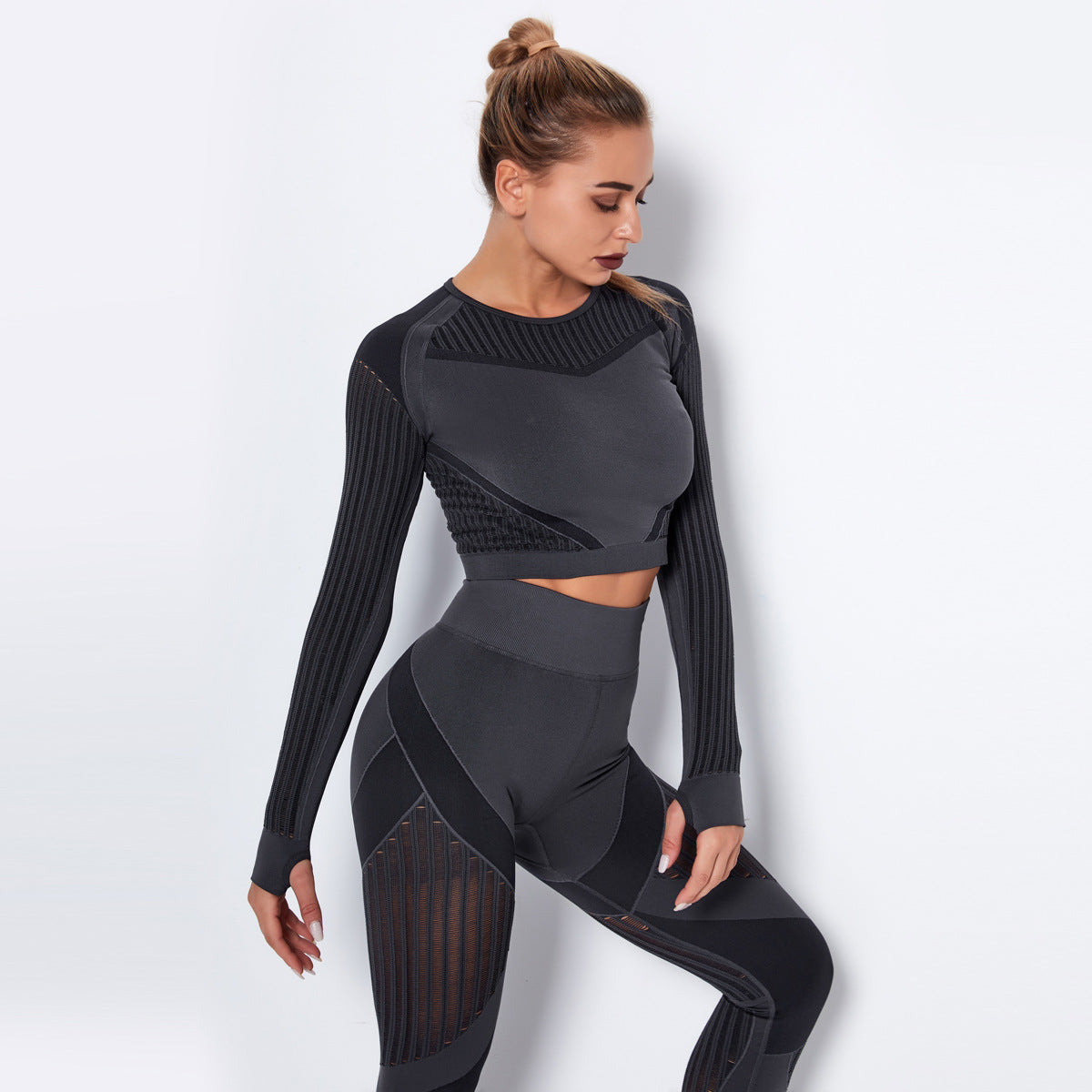 New Sports Skinny Hollow-out Plastic Top Quick-Drying Running Yoga Clothes Seamless Workout Long Sleeve
