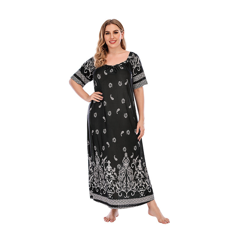 Plus Size Women Loose Home Wear Short Sleeve Dress Floral Print Maxi Dress