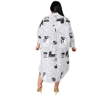 Fall/Winter Plus  Size Women Clothing Woman Lapel Newspaper Printing Irregular Women Shirt Dress