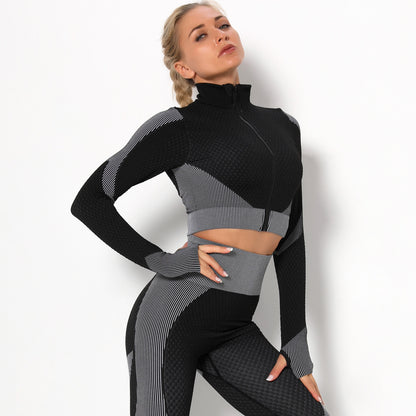 Popular Zipper Sports Tight Top Quick Dry Training Running Yoga Exposed Navel Seamless Long Sleeve