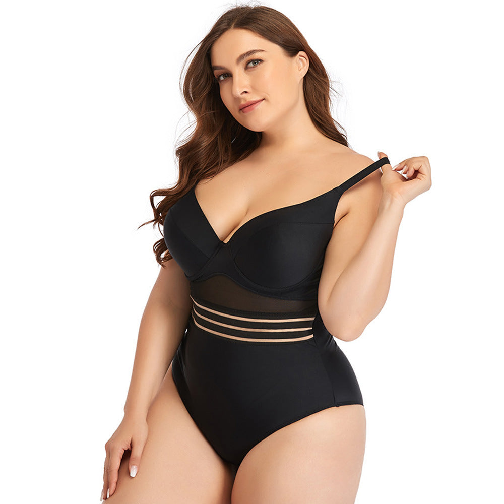 Plus Size Swimsuit Women One-Piece plus-Sized Mesh Hollow Out Cutout Plain Bikini