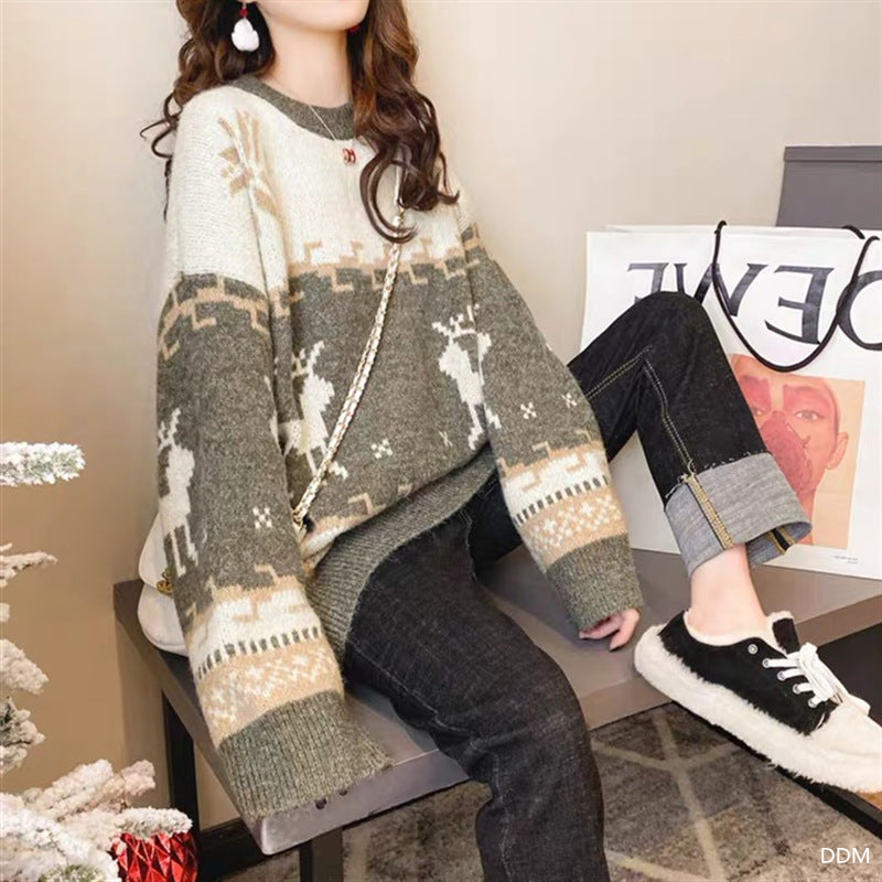 Christmas Deer Sweater Women Pullover Autumn Winter Korean Style Loose Comfortable Long Sleeve All-Matching Sweater Top