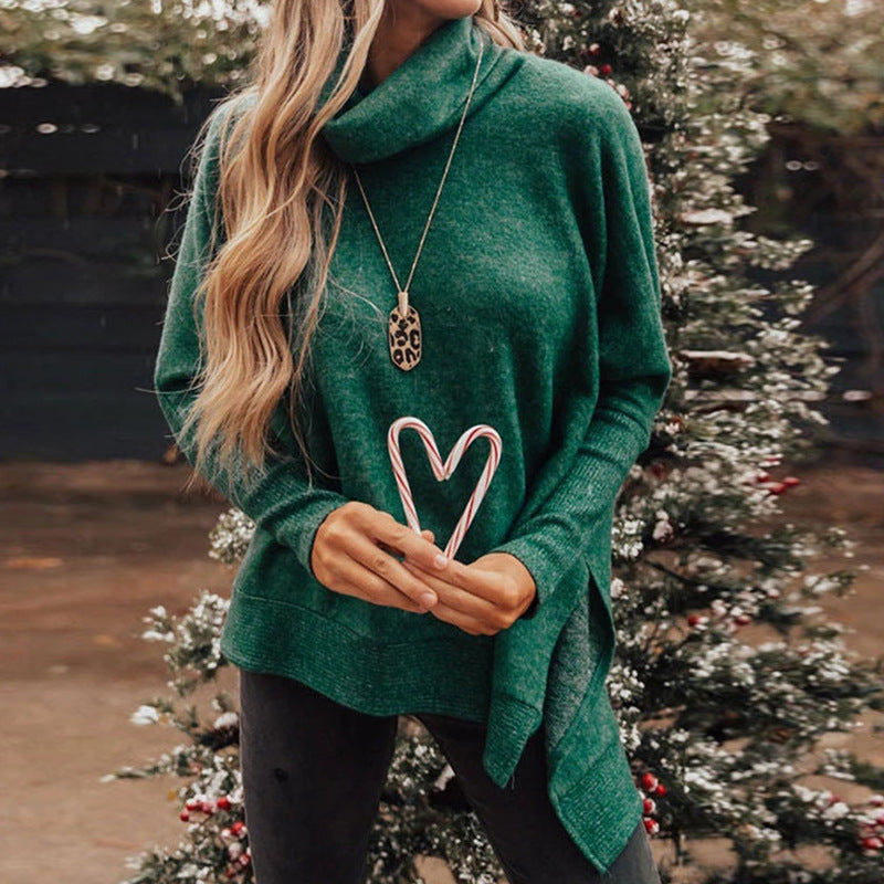 Solid Color Pullover High Collar Sweater Irregular Long Sleeve T-shirt Autumn Winter  Women Clothing