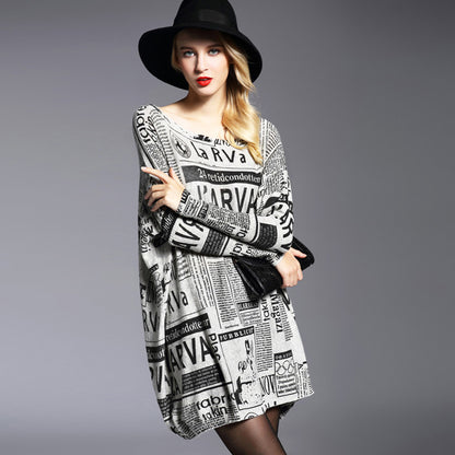 Clothing Loose Pullover Print Newspaper Mid-Length Knitwear Base Sweater