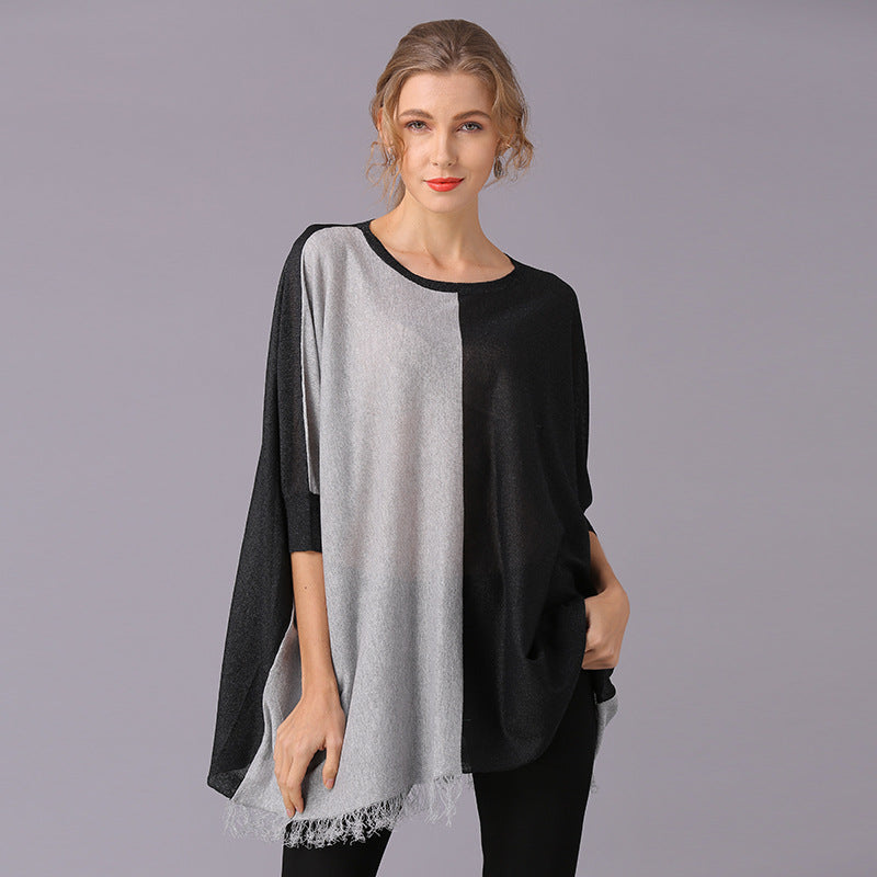 round Neck Sleeve Sun-Proof Upper Garment Thin Loose Plus Size Contrast Color Knitwear Women