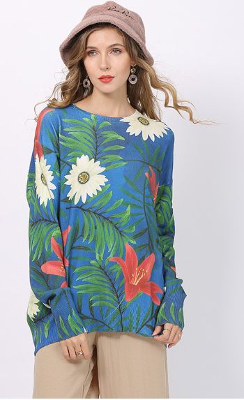 Autumn Winter Loose Pullover plus Size Printed Knitwear Floral Small Fresh Personality Top