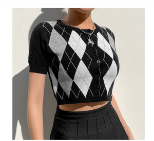 Spring Tight Cropped Woolen Top Rhombic Woolen Short Sleeve Breasted All-Match Bottoming Shirt