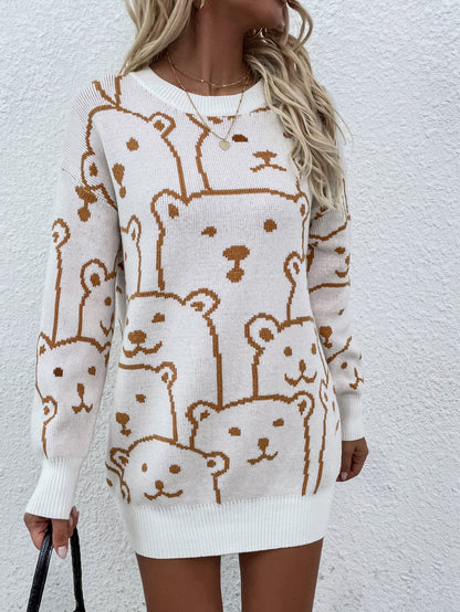 Winter Printed round Neck Animal Temperament Commute Loose plus Size Knitwear Knitted Pullover Sweater Women