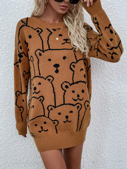 Winter Printed round Neck Animal Temperament Commute Loose plus Size Knitwear Knitted Pullover Sweater Women