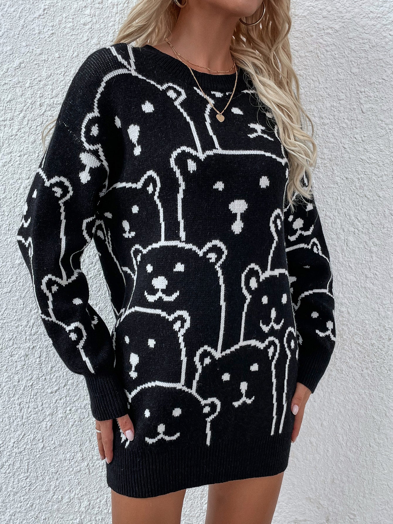 Winter Printed round Neck Animal Temperament Commute Loose plus Size Knitwear Knitted Pullover Sweater Women