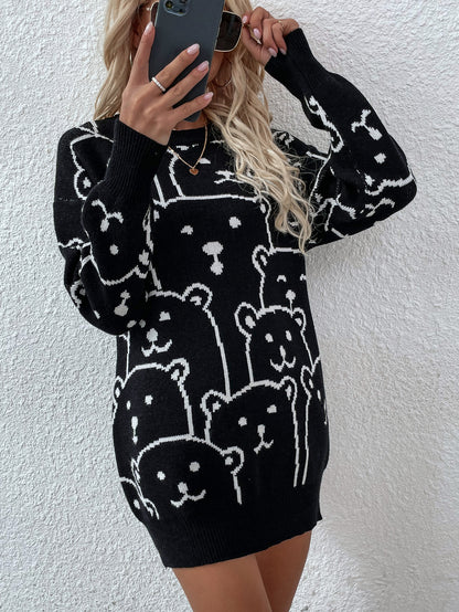 Winter Printed round Neck Animal Temperament Commute Loose plus Size Knitwear Knitted Pullover Sweater Women