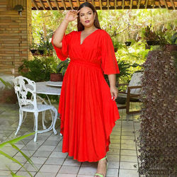Solid Color Casual Dress Bell Sleeve V-neck Cinched Swing Dress