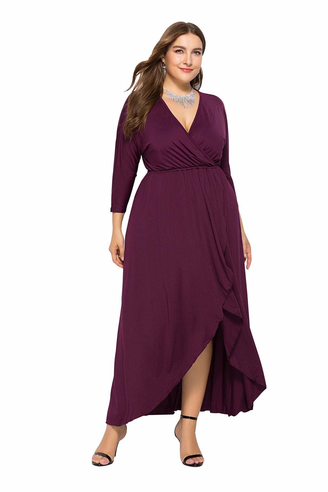 Autumn Winter Standard Size Sexy V-neck Batwing Sleeve Large Swing Sheath Solid Color Dress