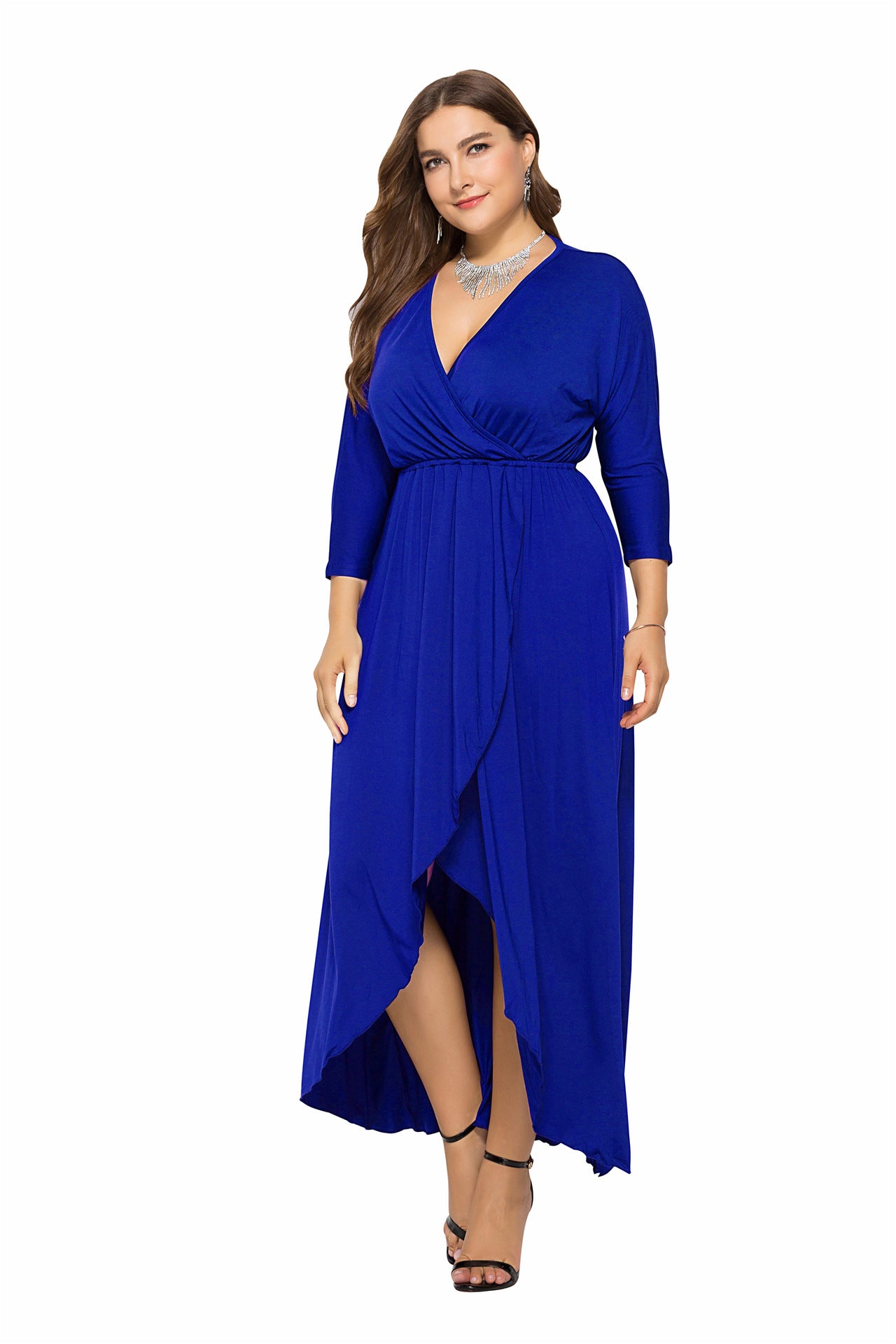 Autumn Winter Standard Size Sexy V-neck Batwing Sleeve Large Swing Sheath Solid Color Dress