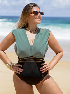 Patchwork V-Neck One Piece Swimsuit Women Bathing Suits Swimwear
