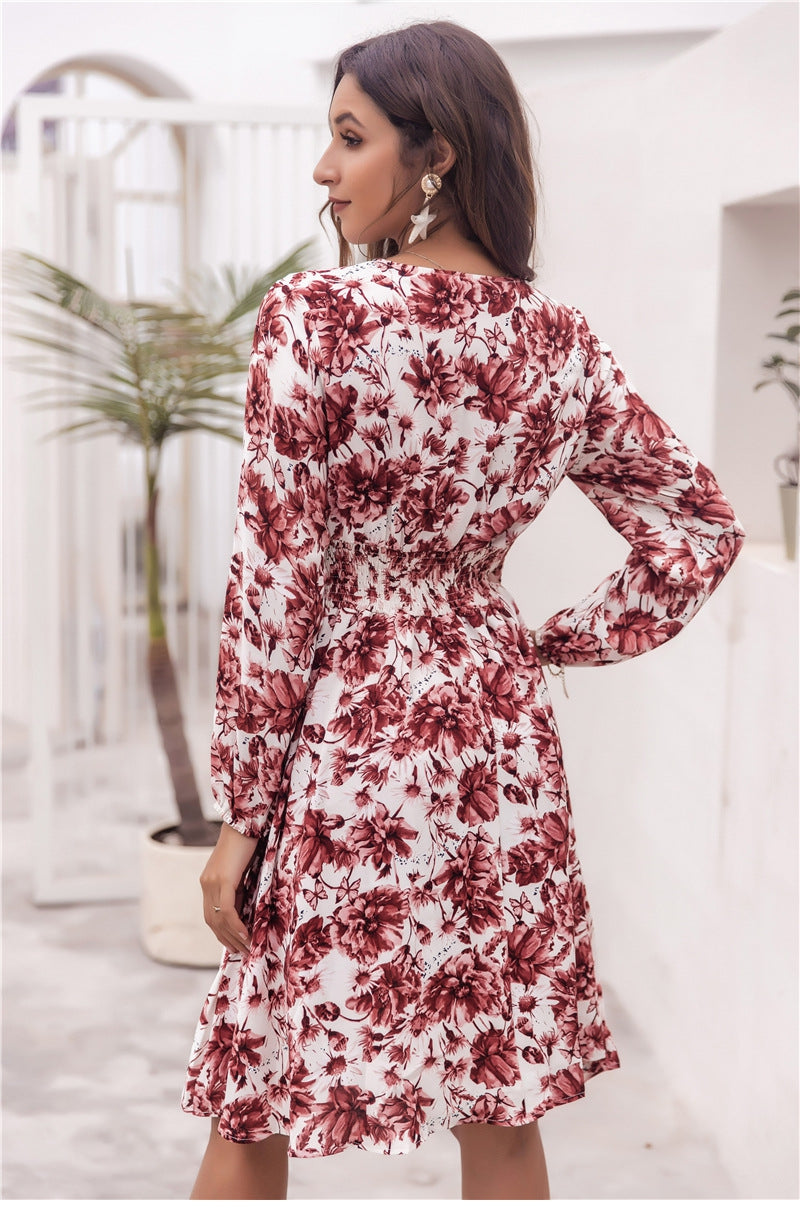 Ladies New Spring Summer Printed Waist Slim Long Sleeve V Neck Dresses Women's Fashion Big Floral Causal Long Pleated Dress