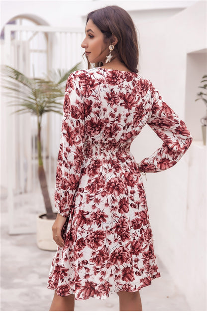 Ladies New Spring Summer Printed Waist Slim Long Sleeve V Neck Dresses Women's Fashion Big Floral Causal Long Pleated Dress