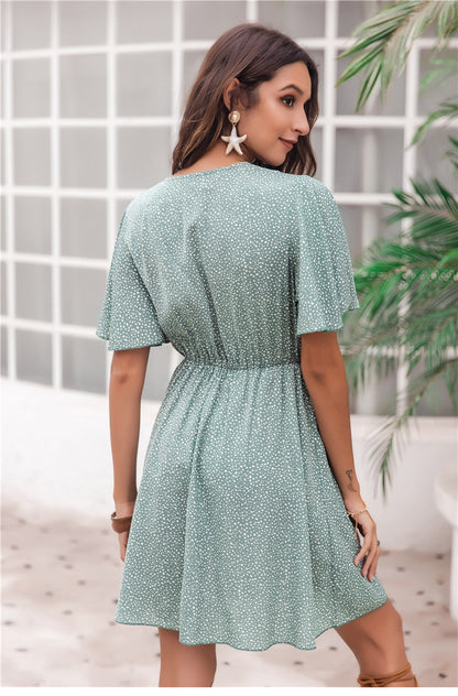 Women Spring Summer New Dot Print Short Dress V Neck Butterfly Sleeve High Waist Holiday Style Dresses Ladies