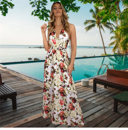 Spring Summer New Women's V Neck Suspender Dresses Sleeveless Hight Waist Floral Printed Long Dresses