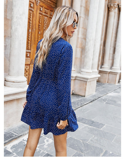 Ladies Spring Summer Polka Dot Print Dress Women Casual Lace Up V Neck Full Sleeve Slim Short Dress 2021 New