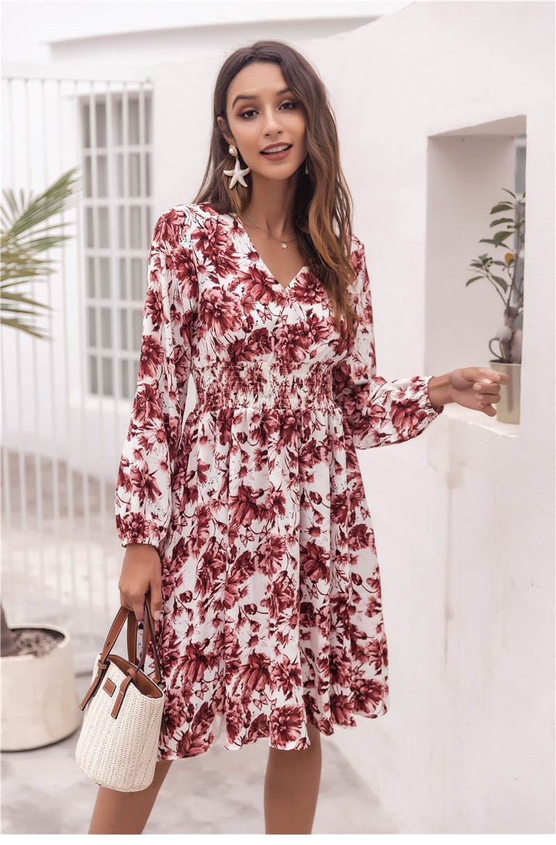 Ladies New Spring Summer Printed Waist Slim Long Sleeve V Neck Dresses Women's Fashion Big Floral Causal Long Pleated Dress