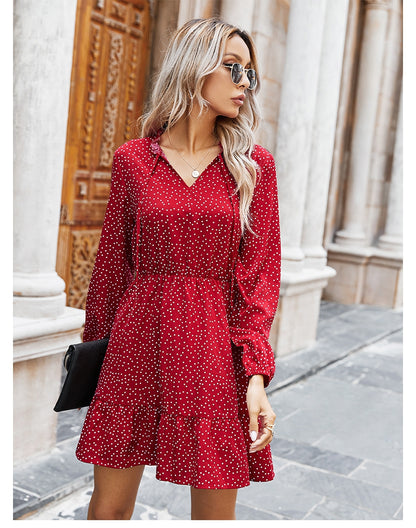 Ladies Spring Summer Polka Dot Print Dress Women Casual Lace Up V Neck Full Sleeve Slim Short Dress 2021 New