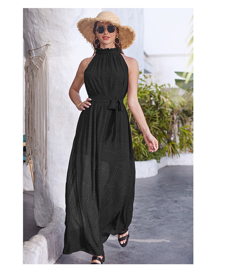 Spring Summer Women's Bohemian Long Halter Dot Print Dress Ladies Half Turtleneck Sleeveless Elegant Holiday Dress