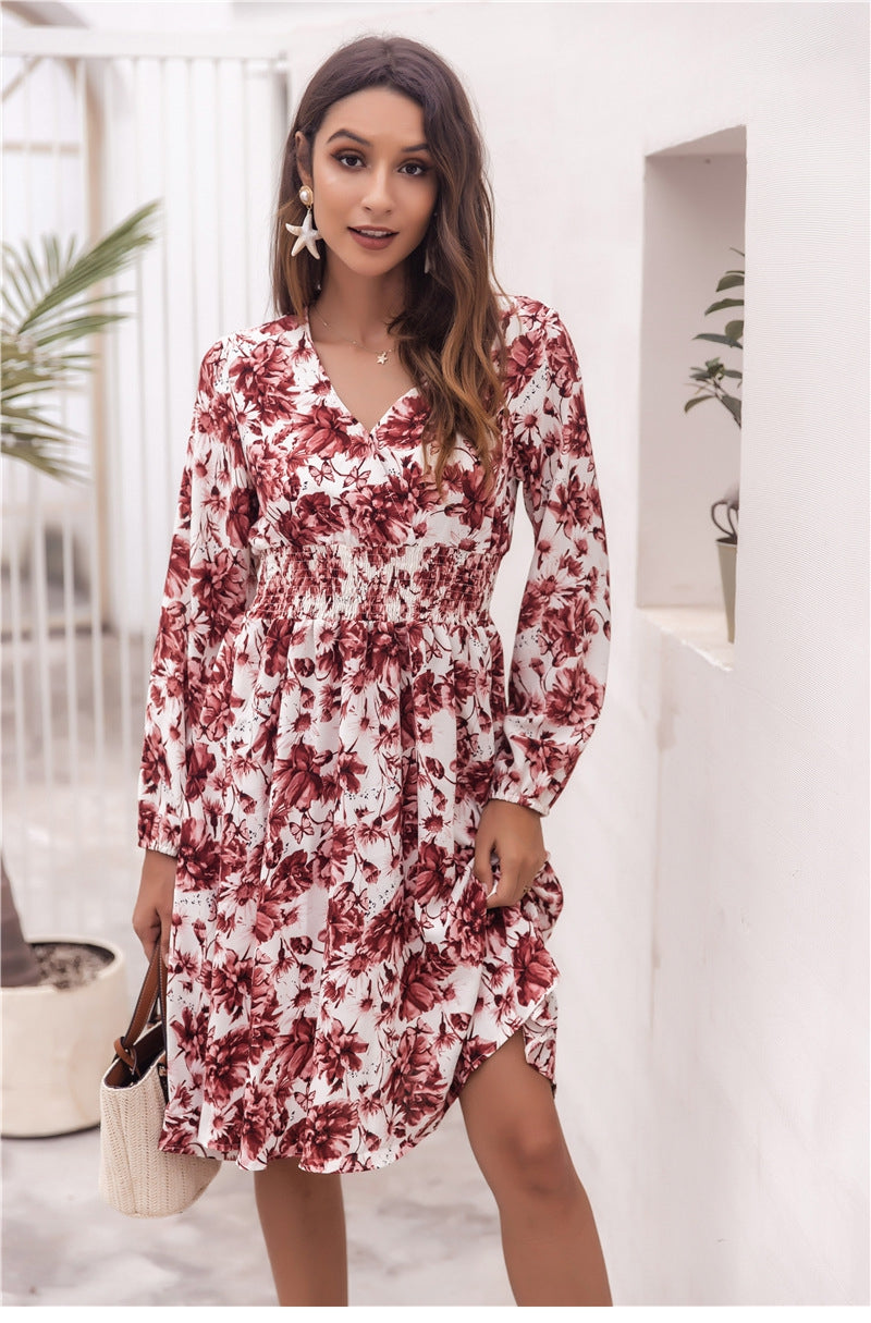 Ladies New Spring Summer Printed Waist Slim Long Sleeve V Neck Dresses Women's Fashion Big Floral Causal Long Pleated Dress