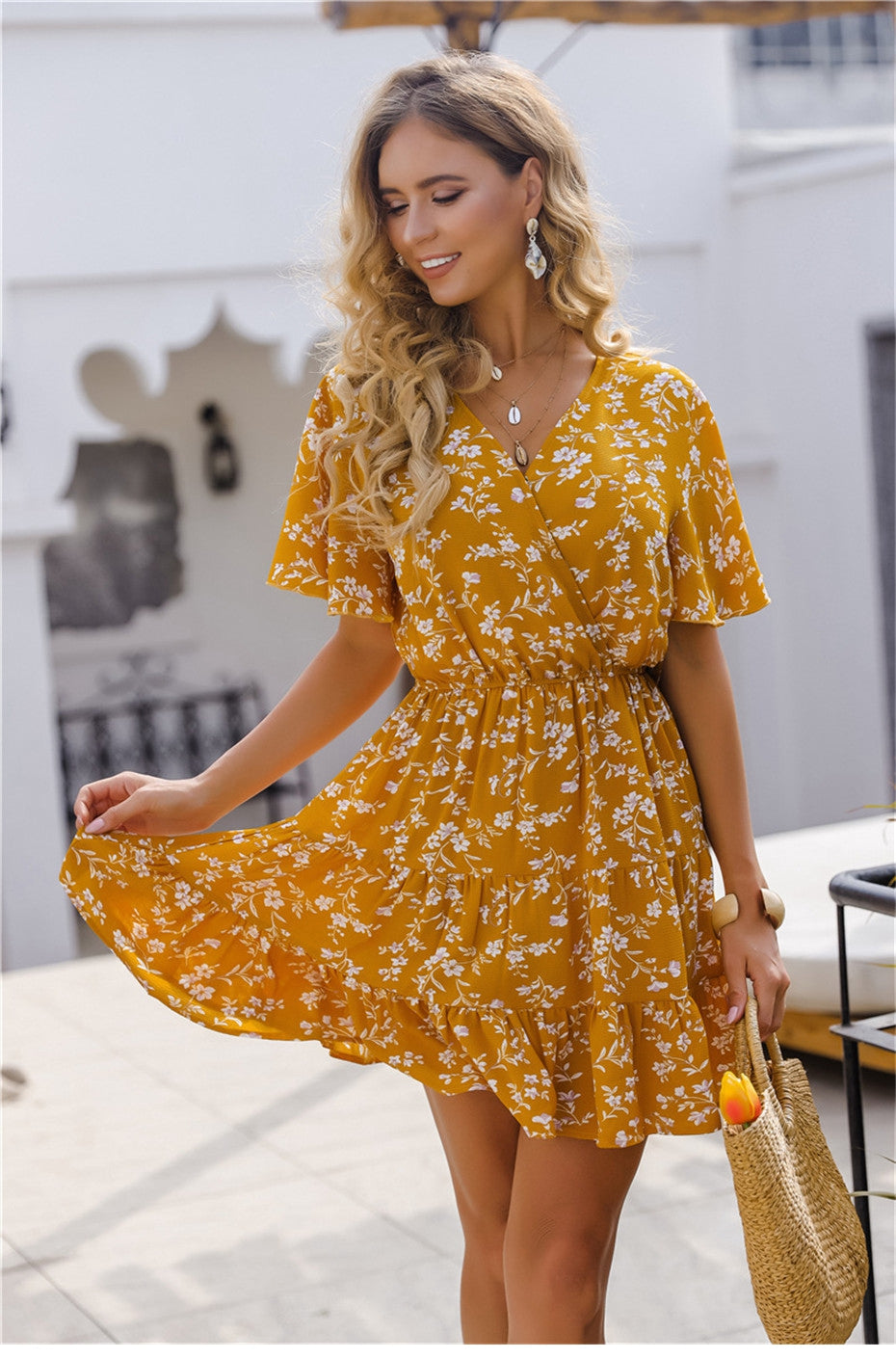 Women 2021 New Spring Summer Sexy Short Floral Dress Butterfly Sleeve V Neck Print Party Dresses For Women Casual Ruffles