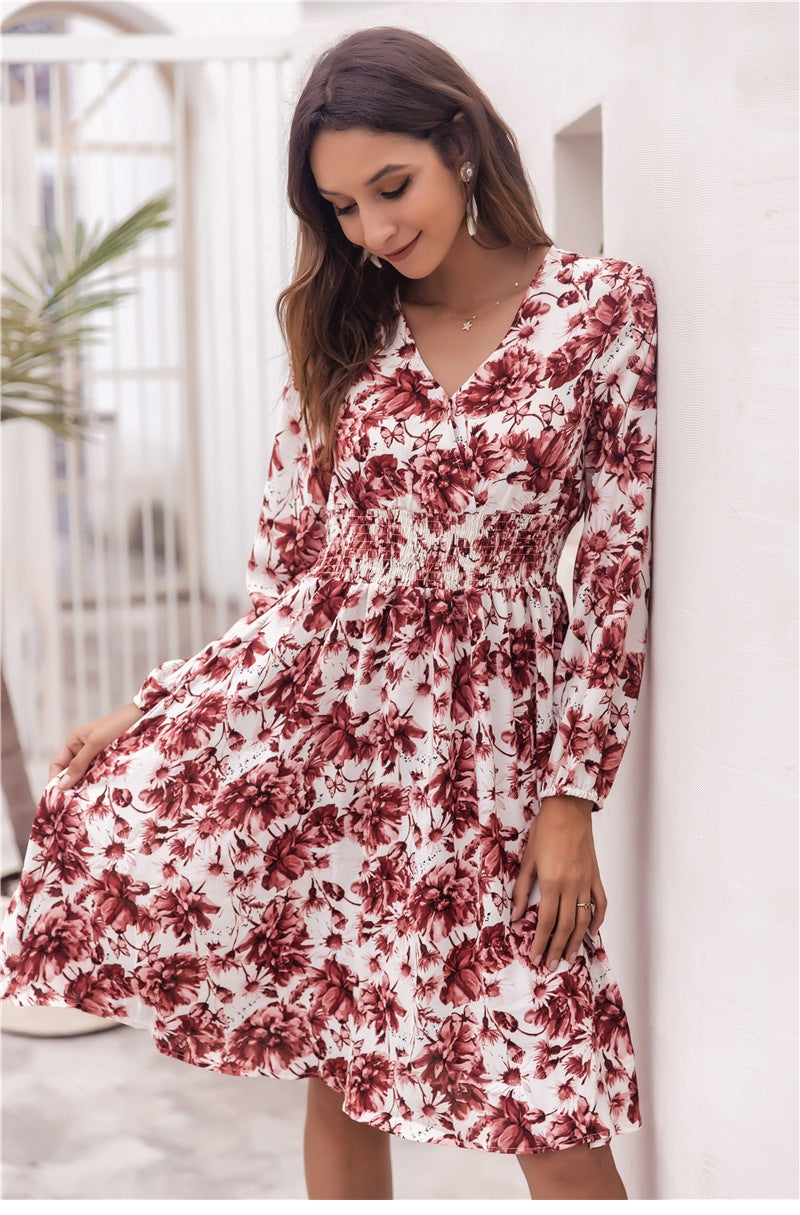 Ladies New Spring Summer Printed Waist Slim Long Sleeve V Neck Dresses Women's Fashion Big Floral Causal Long Pleated Dress