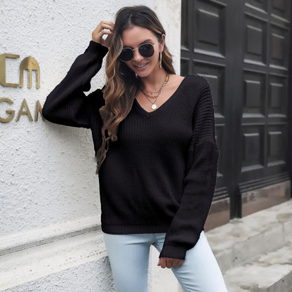 V-neck Loose Sweater Women Autumn Winter Loose Collar Long-Sleeved Knitwear Internet Celebrity Sweater