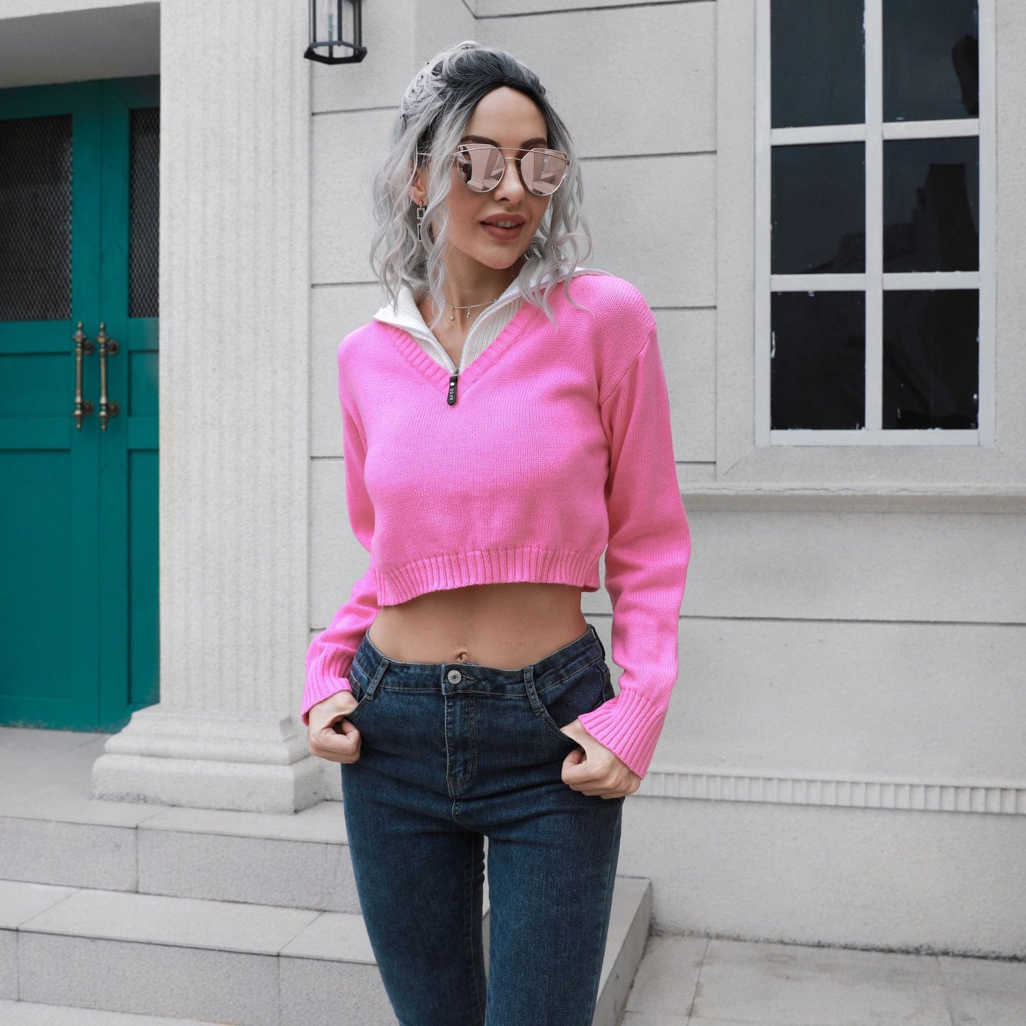 Celebrity Zipper Lapel Color Matching Short Sweater Women Loose Autumn Winter Long Sleeve Knitwear Sweater