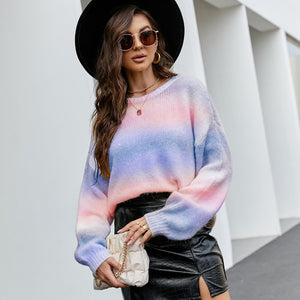 Women Clothing Gradient Color Knitted Top Sweater Lazy Style Long Sleeve Pullover Sweater