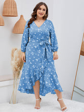 Load image into Gallery viewer, Ladies Autumn Sping Casual Dress Butterfly Print Ruffled Hem Long Sleeve Tied V-neck plus Size Dress