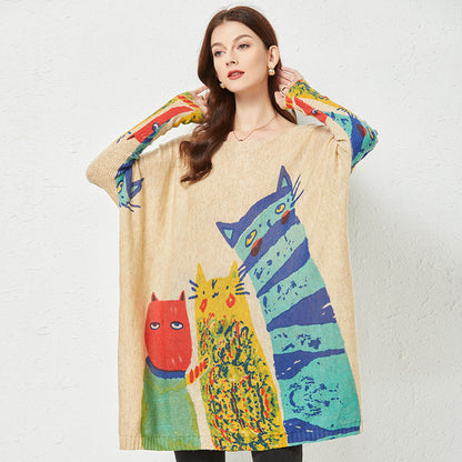 Spring 2022 Mid-Length Slimming Fashion Knitwear Simple Style Cat Printing Loose Sweater for Women