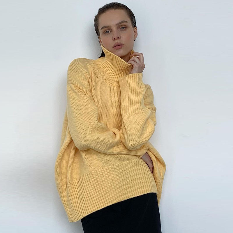 Women Clothing Fall Women Clothing Long Sleeve High Collar Temperament Solid Color Knit Casual Pullover Sweater