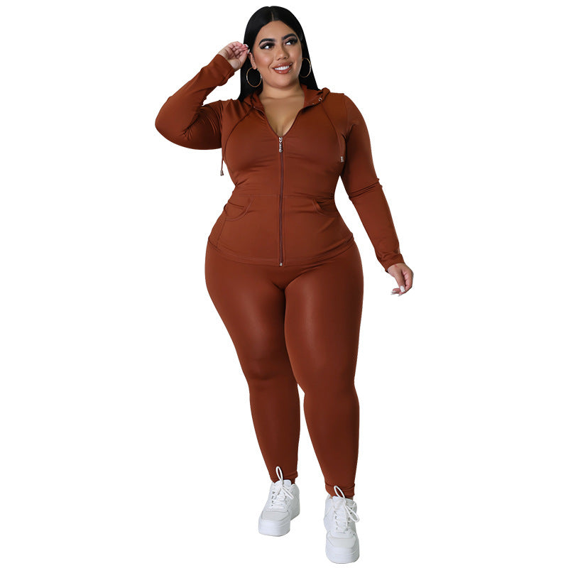 Plus Size Women Clothing Solid Color Autumn Pocket Cap Long Sleeve Trousers Casual Set